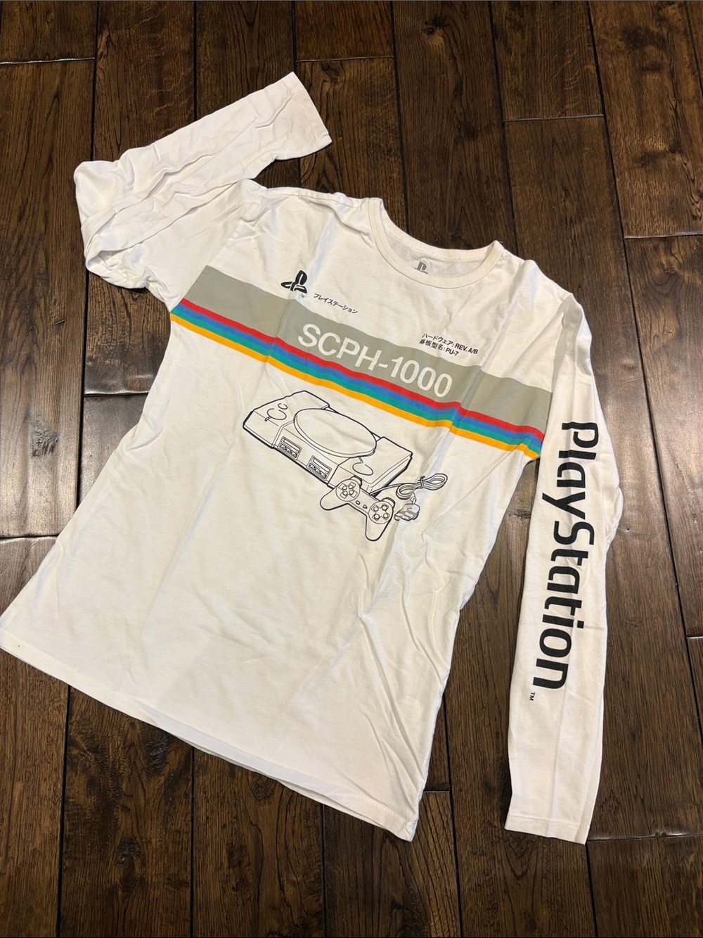 GAP White Long Sleeve PlayStation SCPH-1000 Graphic Tee with Rainbow Stripes
